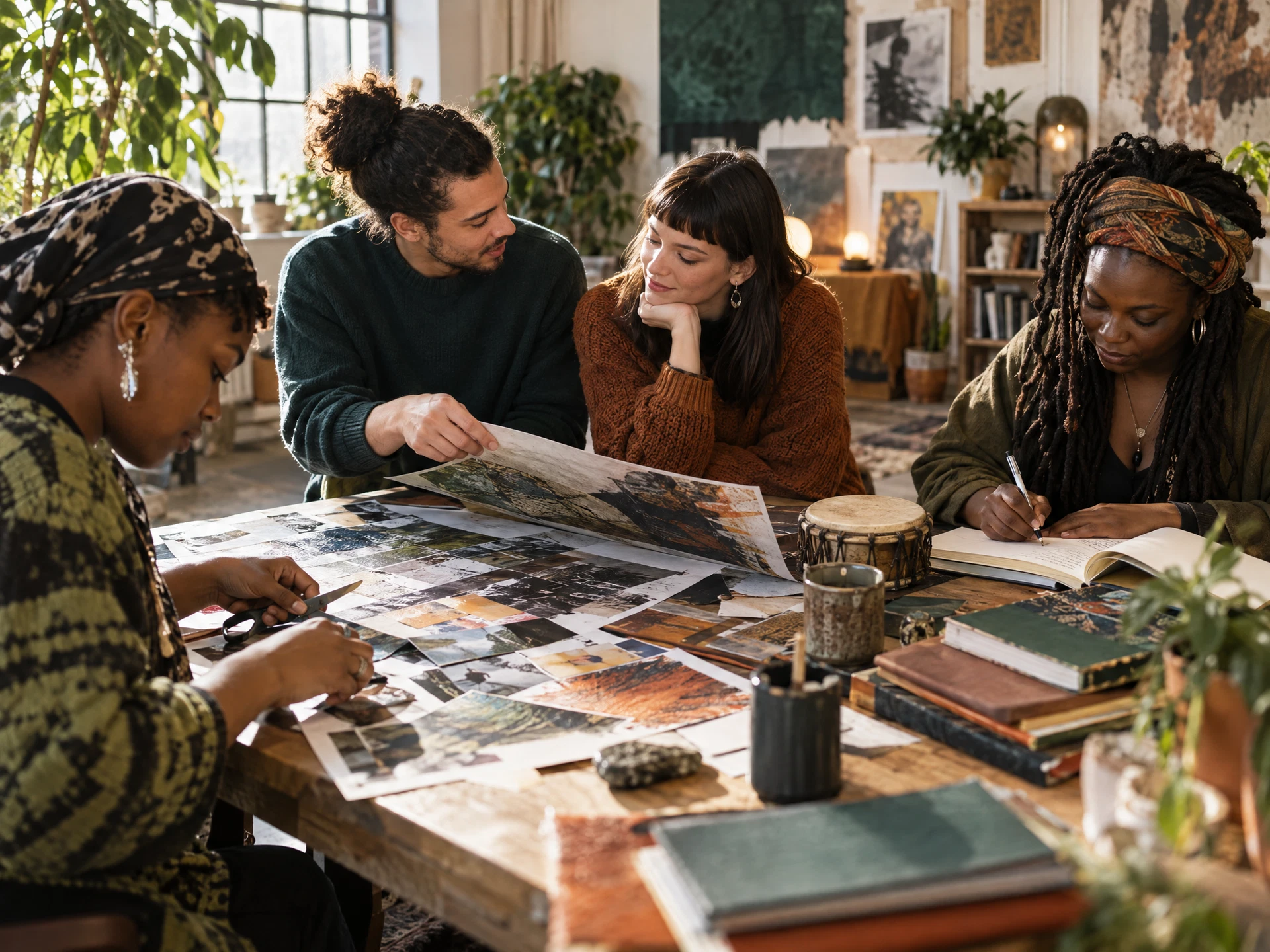 Young people and adults collaborating around art, journals, photography and shared creative work