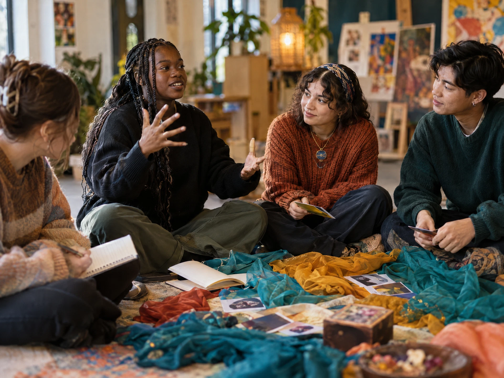 Young people collaborating in a creative drama and storytelling workshop